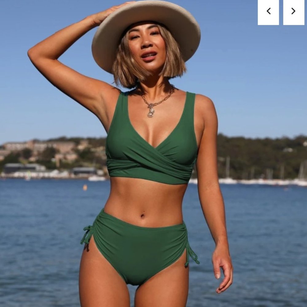 Green and High Waist Drawstring Side Bikini Set